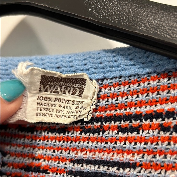 Vintage 1970 Montgomery Ward navy and orange knit native bohemian Cardigan large - Picture 2 of 11